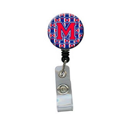 CAROLINES TREASURES Letter M Football Harvard Crimson and Yale Blue Retractable Badge Reel CJ1076-MBR
